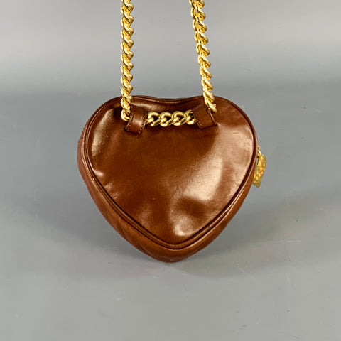 RENA LANGE Rare Brown Gold Heart Shaped Leather Crossbody Chain Handbag