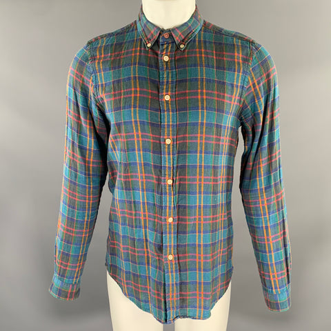 PS by PAUL SMITH Size M Blue Multi-Color Plaid Linen Cotton Long Sleeve Shirt