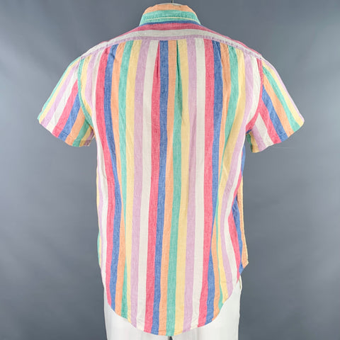 J.CREW Size L Multi Color Stripe Linen One Pocket Short Sleeve Shirt