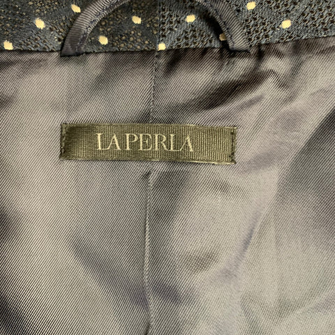 LA PERLA Size L Navy White Dots Linen Silk Shawl Collar Robe