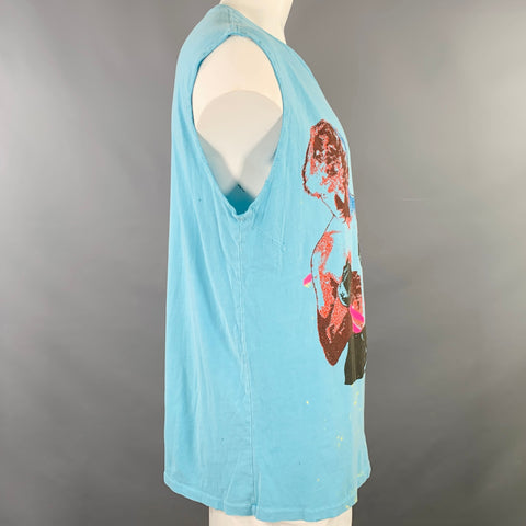 MADEWORN Size XXL David Bowie Blue Pink Print Cotton Sleeveless T-shirt