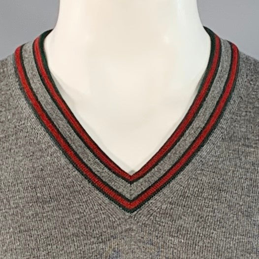 GUCCI Size L Grey Red Green Contrast Trim Wool V-Neck Pullover