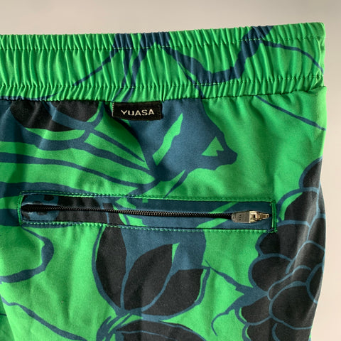YUASA Size M Green Blue Floral Polyester Blend Swim Trunks