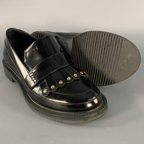 APERLAI Size 7.5 Black Silver Studded Patent Leather Fringed Moccasin Flats