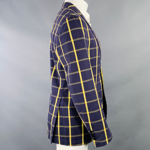 Veste de sport PIOMBO taille 40 en coton bleu marine et jaune à carreaux, revers cranté