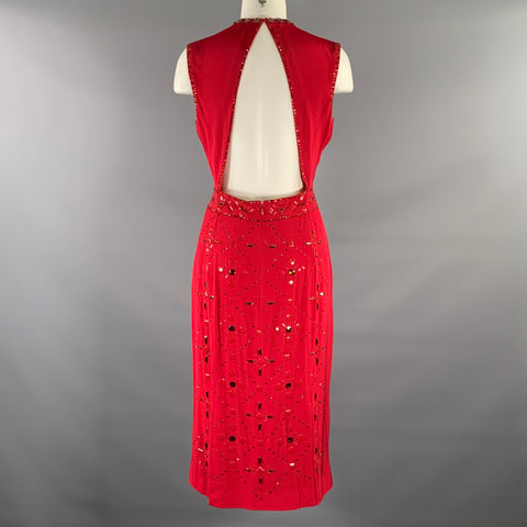 JENNY PACKHAM Red Silk Rhinestones Sheath Knee-Length Dress