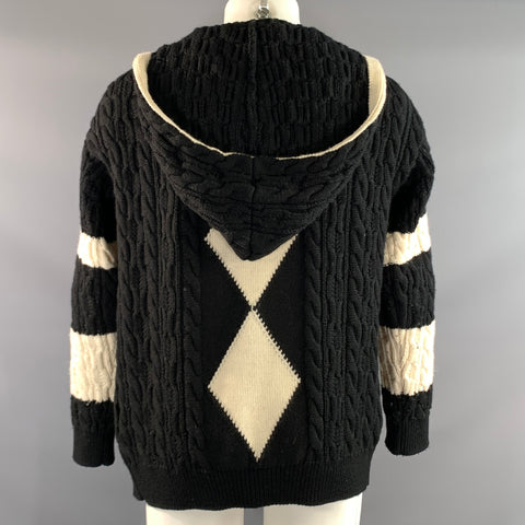 SAINT LAURENT Size L Black White Stripe Wool Hooded Sweater
