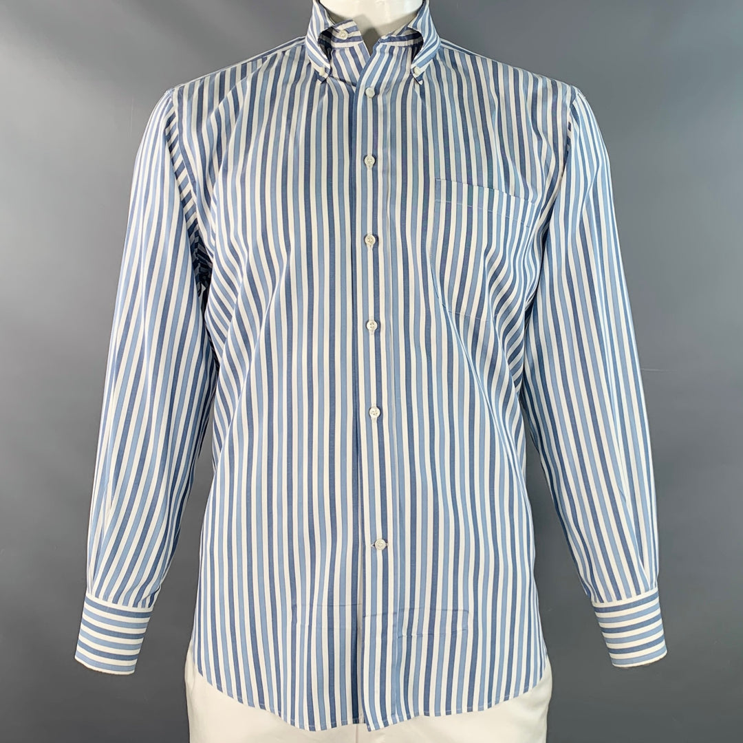 LORO PIANA Size XL Blue White Stripe Cotton One Pocket Long Sleeve Shirt
