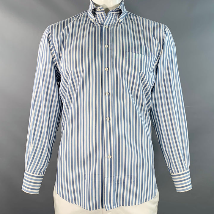 LORO PIANA Size XL Blue White Stripe Cotton One Pocket Long Sleeve Shirt