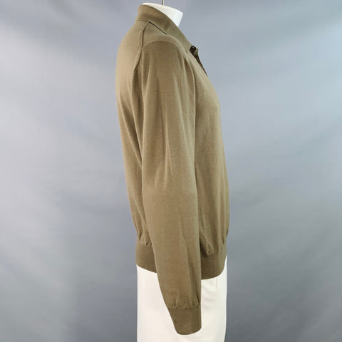 ERMENEGILDO ZEGNA Size L Khaki Wool Long Sleeve Polo Pullover