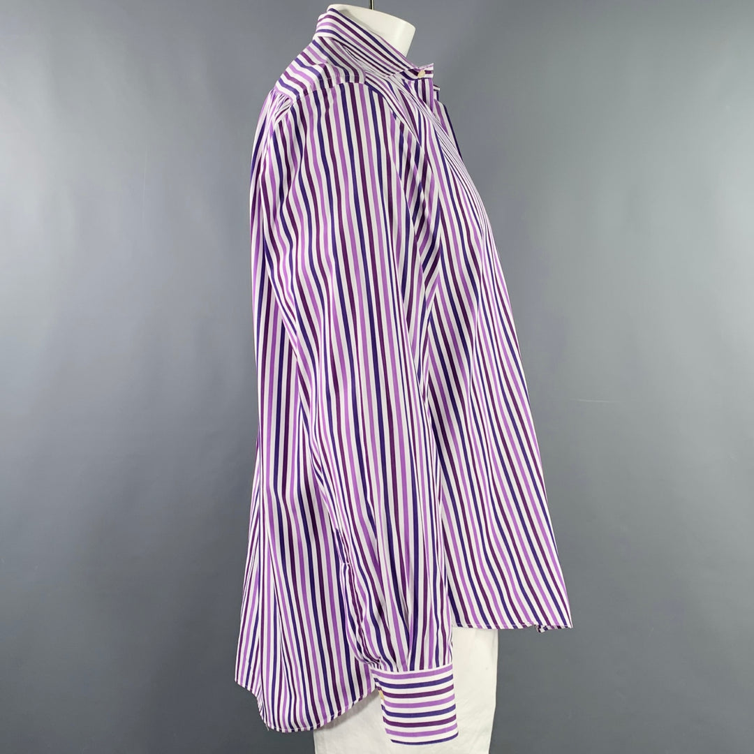 ETRO Size L White Purple Stripe Cotton Spread Collar Long Sleeve Shirt