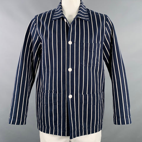 DRAKES LONDON Size L Navy White Stripe Cotton Chore Jacket
