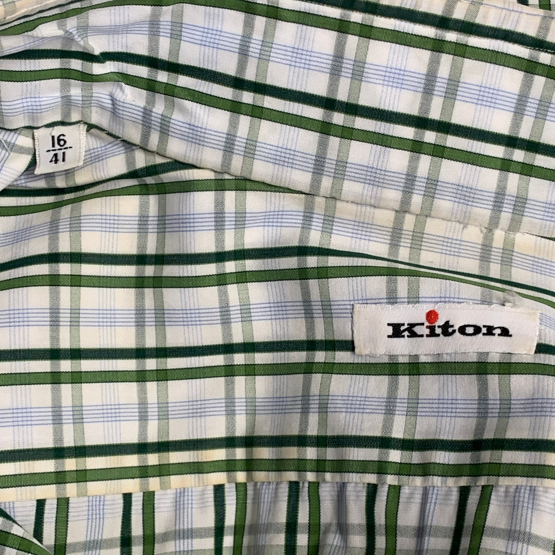 KITON Size M White Green Plaid Cotton Curved Cutaway Long Sleeve Shirt