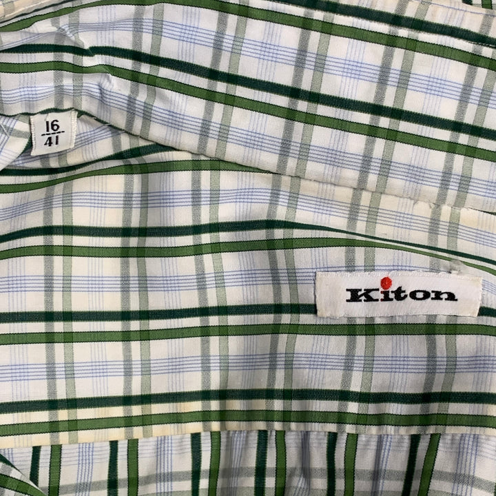 KITON Size M White Green Plaid Cotton Curved Cutaway Long Sleeve Shirt