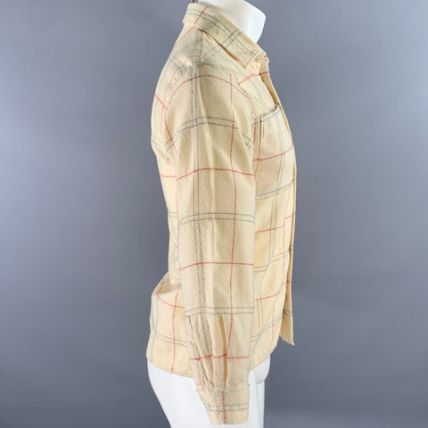 GREENCLUB Size S Cream Red Grey Stiched Plaid Wool Long Sleeve Shirt