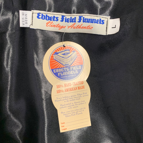 EBBETS FIELD Size L SF Seals 1949 Style Navy Brown Mixed Fabrics Virgin Wool Varsity Jacket