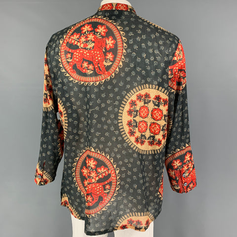 GUCCI Size L Gray Red Khaki Print Cotton Nehru Collar Long Sleeve Shirt