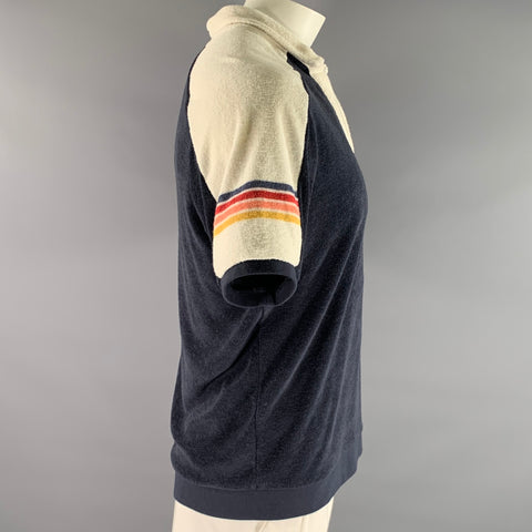 MARINE LAYER Size L Navy White Color Block Polyester Blend Terry Polo