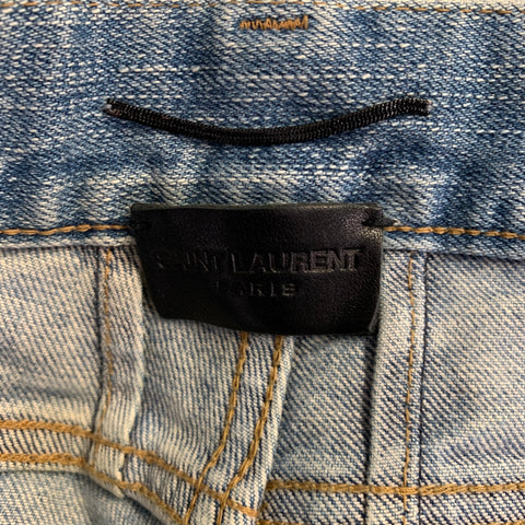 SAINT LAURENT 2016 Size 31 Blue Distressed Cotton Blend Narrow Leg Jeans