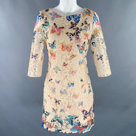 CELINE Size S Cream Multi Color Butterflies Lace Knee Length Dress