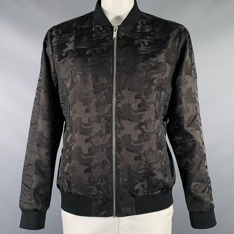 KARL LAGERFELD Size XL Black Camo Polyester Mesh Bomber Jacket