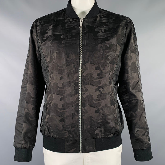KARL LAGERFELD Size XL Black Camo Polyester Mesh Bomber Jacket