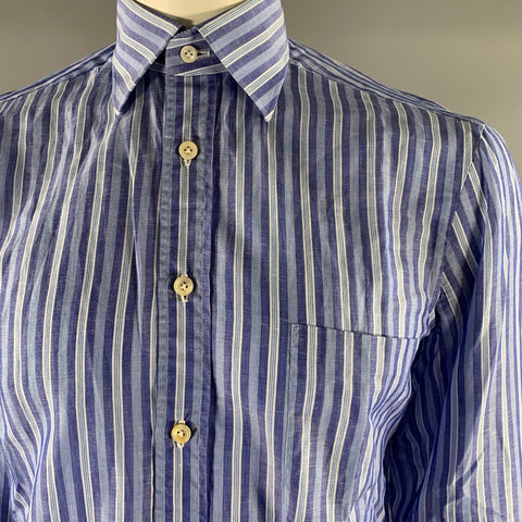 KITON Size L Blue White Stripe Linen Cotton Pointed Collar Long Sleeve Shirt