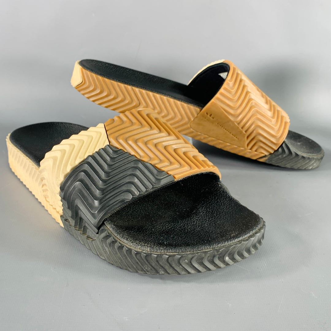 ALEXANDER WANG Size 10 Adilette Black Brown Beige Color Block Rubber Slide Sandals