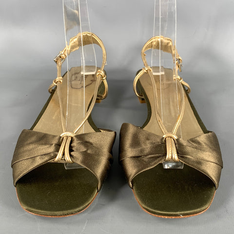 PRADA Size 9 Olive Gold Silk Metallic Leather Trim Strappy Sandals