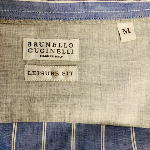 BRUNELLO CUCINELLI Size S Blue White Stripe Long Placket Long Sleeve Shirt