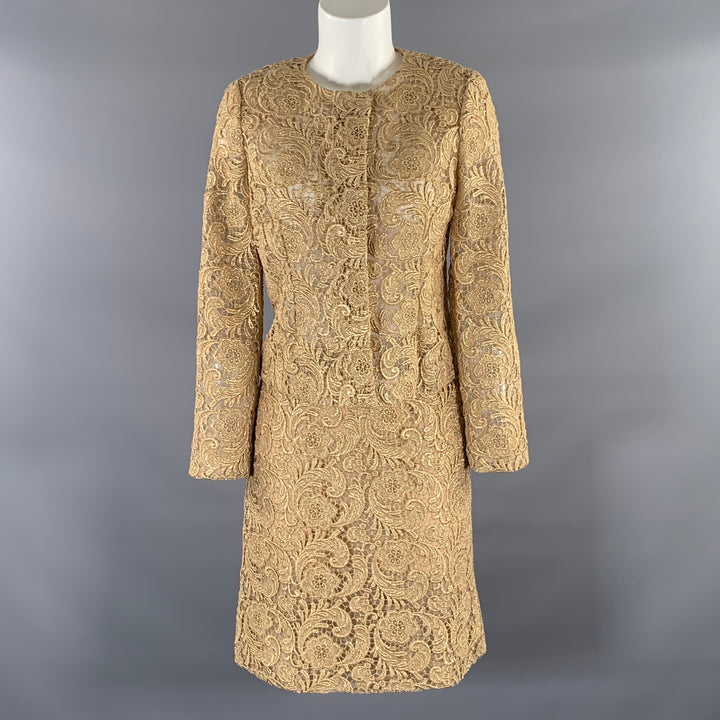 PRADA Size 8 Gold Lace Floral Skirt Suit