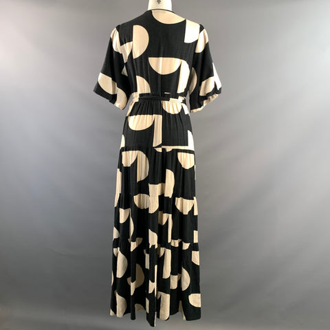 MISTER ZIMI Size 10 Black White Viscose Rayon Linen Blend Geometric Wrap Dress