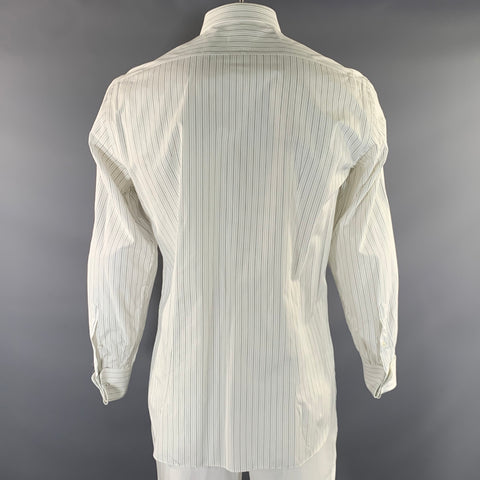 BRIONI Size XL White Black & Grey Stripe Cotton Button Up Long Sleeve Shirt