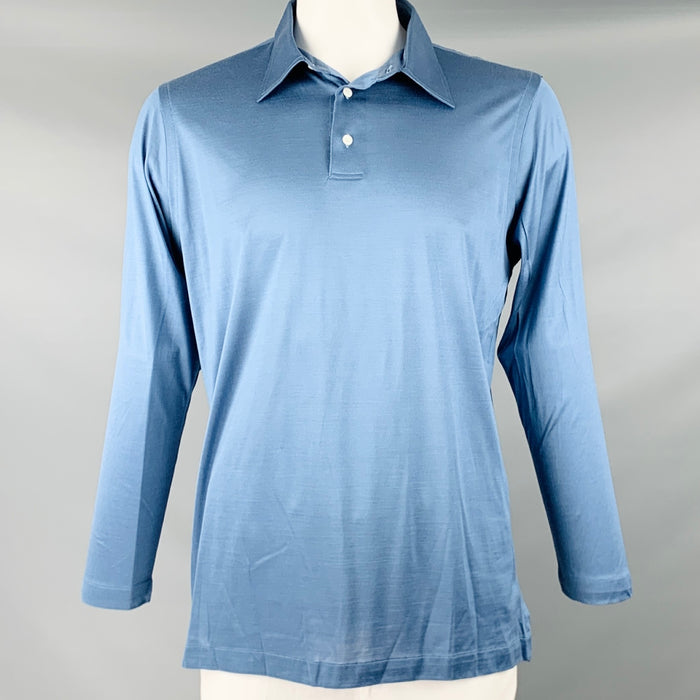 BRIONI Size XL Blue Knit Silk Polo Pullover