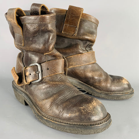 JULIUS_7 Size 8.5 Brown Distressed Leather Pull On Boots