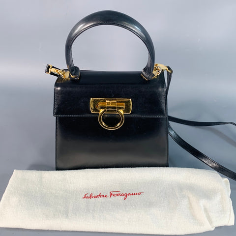 SALVATORE FERRAGAMO Vintage Black Gold Leather Top Handles Handbag