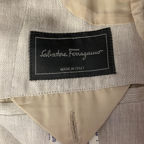 SALVATORE FERRAGAMO Size 38 Cream Herringbone Linen Sport Coat