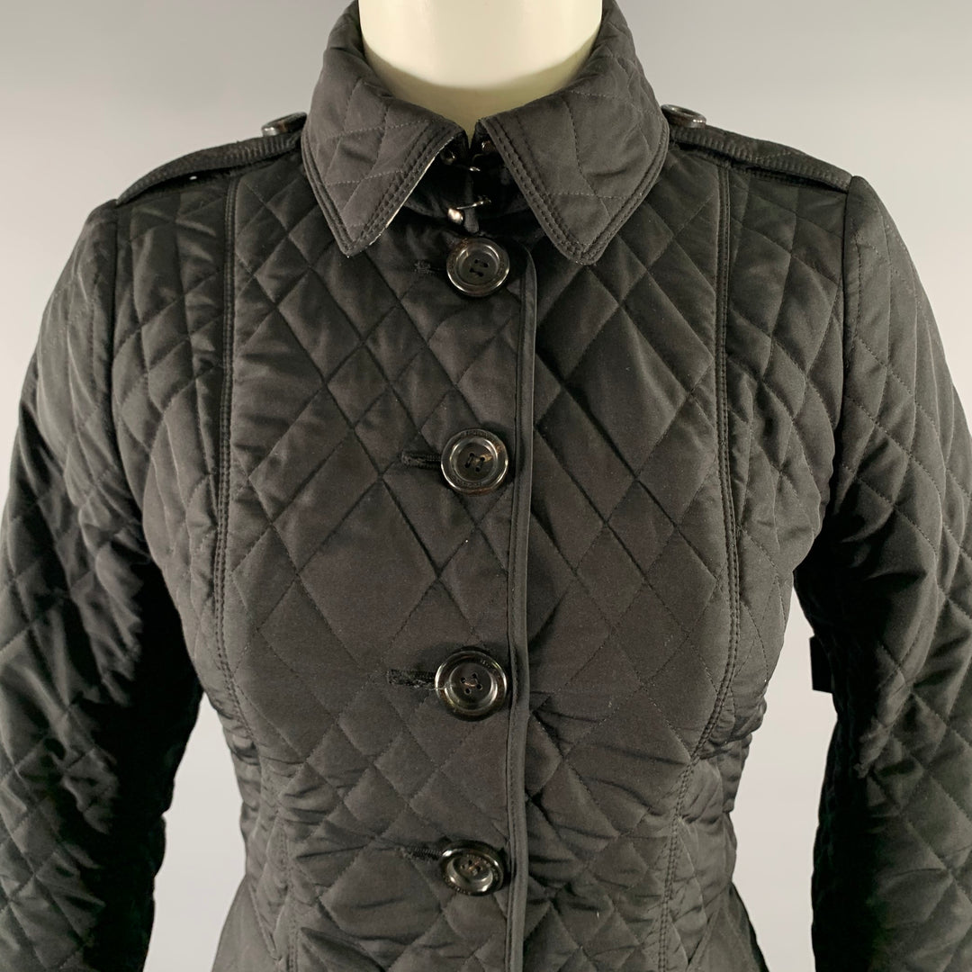BURBERRY Size 2 Black Polyester Quilted Jacket.