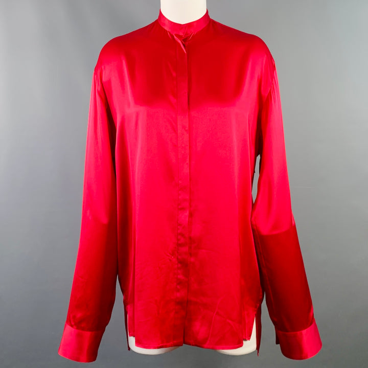 HAIDER ACKERMANN Size S Red Silk Satin Nehru Collar Hidden Buttons Shirt