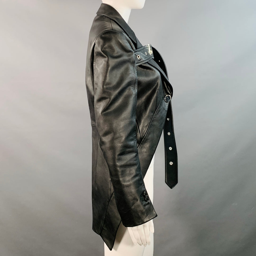BURBERRY Size 4 Black Leather Biker Belted Coattails Jacket