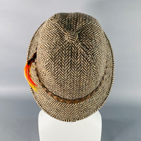 KNOX HATS Vintage Brown Beige Herringbone Braided Leather Trim Fabric Hat