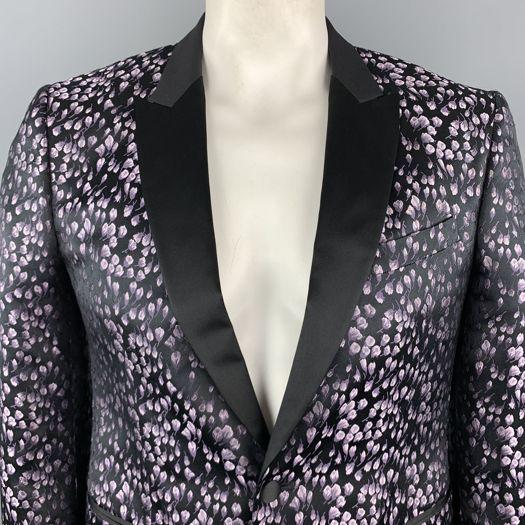 JOHN VARVATOS Size 42 Black & Lavender Floral Jacquard Silk Peak Lapel Sport Coat