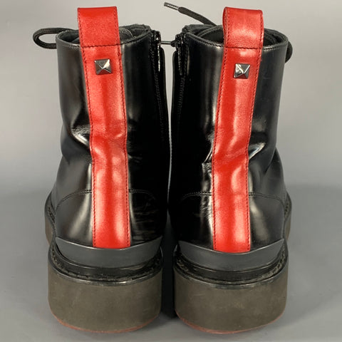 VALENTINO Size 8 Black Red Leather Rubber Sole Zip Lace-Up Boots