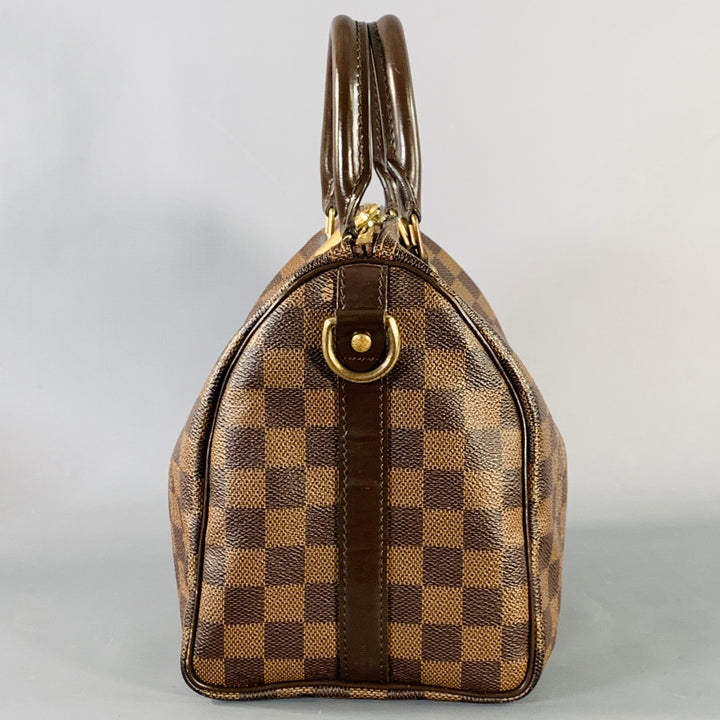 LOUIS VUITTON Ebene Speedy Bandouliere 25 Brown Tan Damier Leather Trim Canvas Handbag