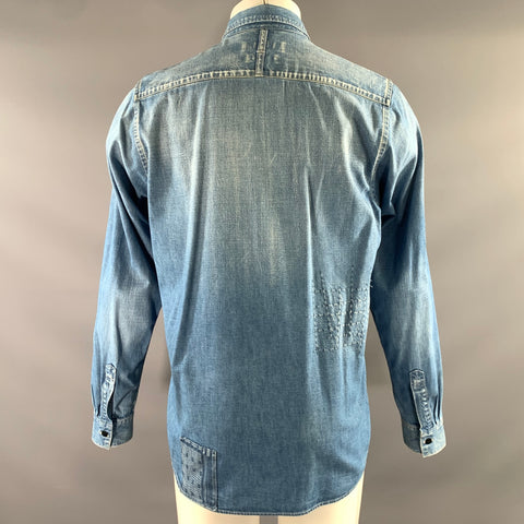 FDMTL Size M Blue Patchwork Cotton Button Up Long Sleeve Shirt