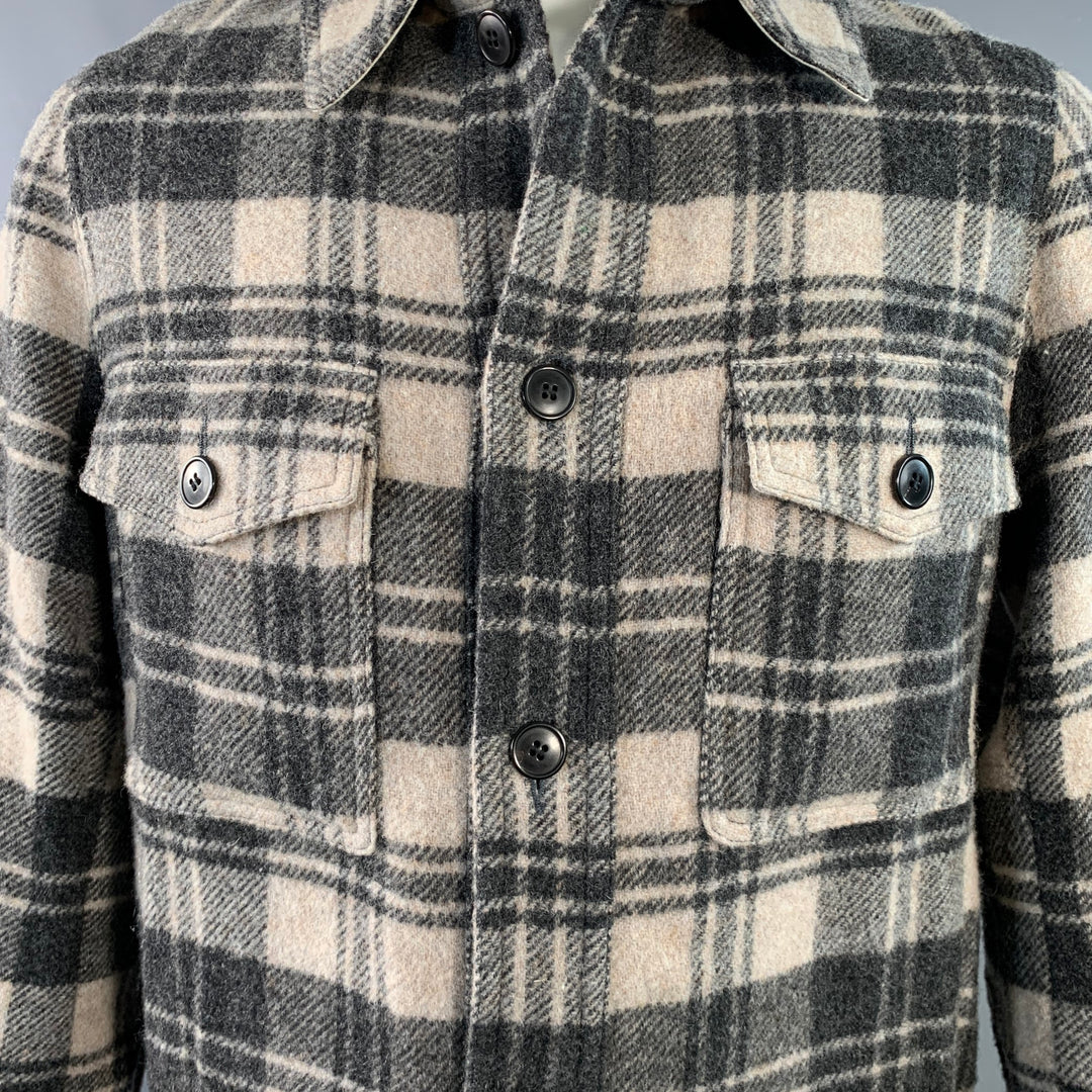 ISABEL MARANT Size XS Gervon Grey Beige Plaid Wool Oversized Long Sleeve Shirt Jacket