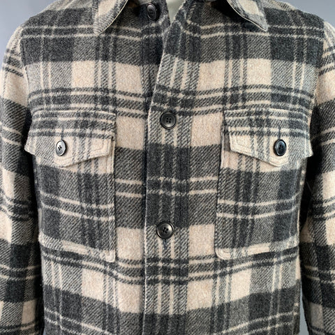ISABEL MARANT Size XS Gervon Grey Beige Plaid Wool Oversized Long Sleeve Shirt Jacket