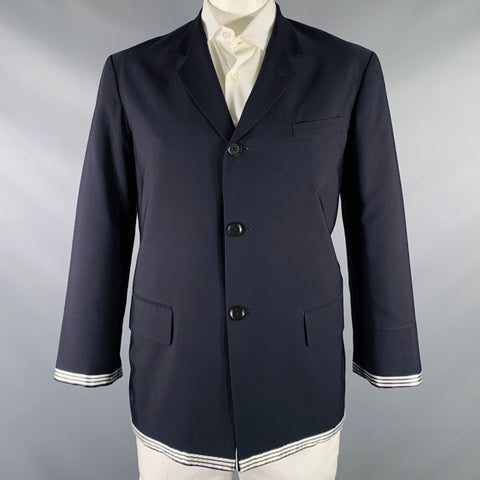 YOHJI YAMAMOTO Size L Navy White Contrast Trim Wool Polyester Sport Coat