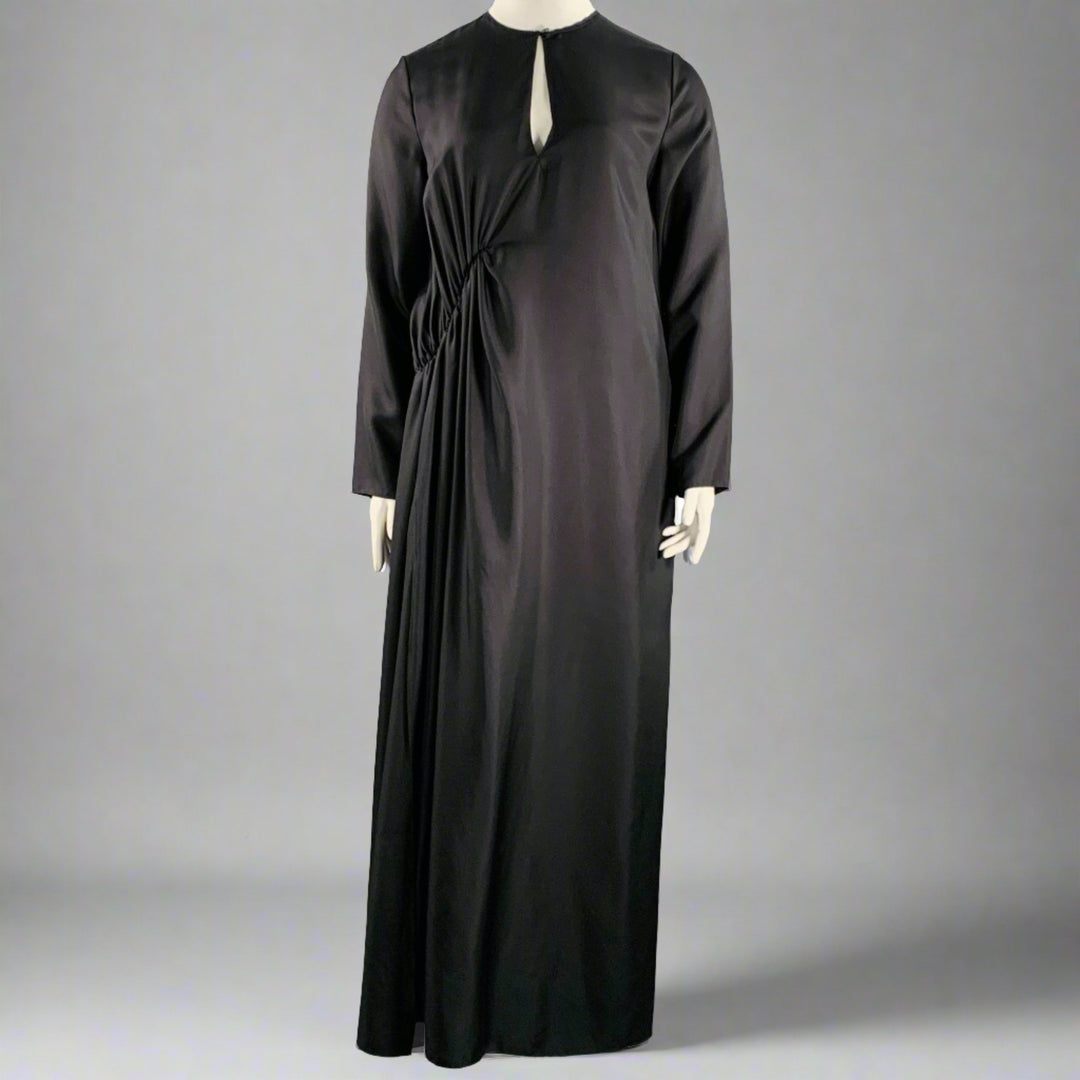 black satin long sleeve ruched dress ESSE Size 8 Black Silk Ruched Long Sleeve Long Dress – Sui Generis Designer  Consignment