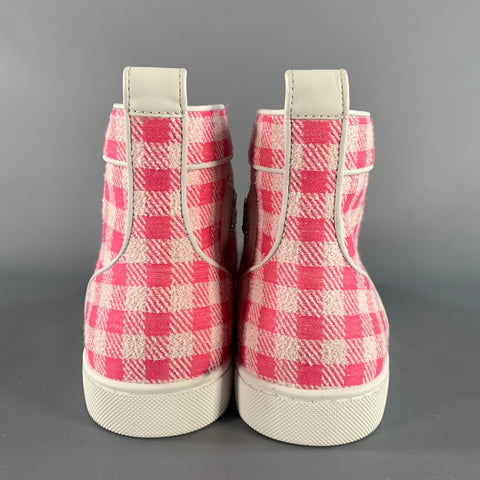 CHRISTIAN LOUBOUTIN Size 9 Pink White Checkered Fabric High Top Sneakers